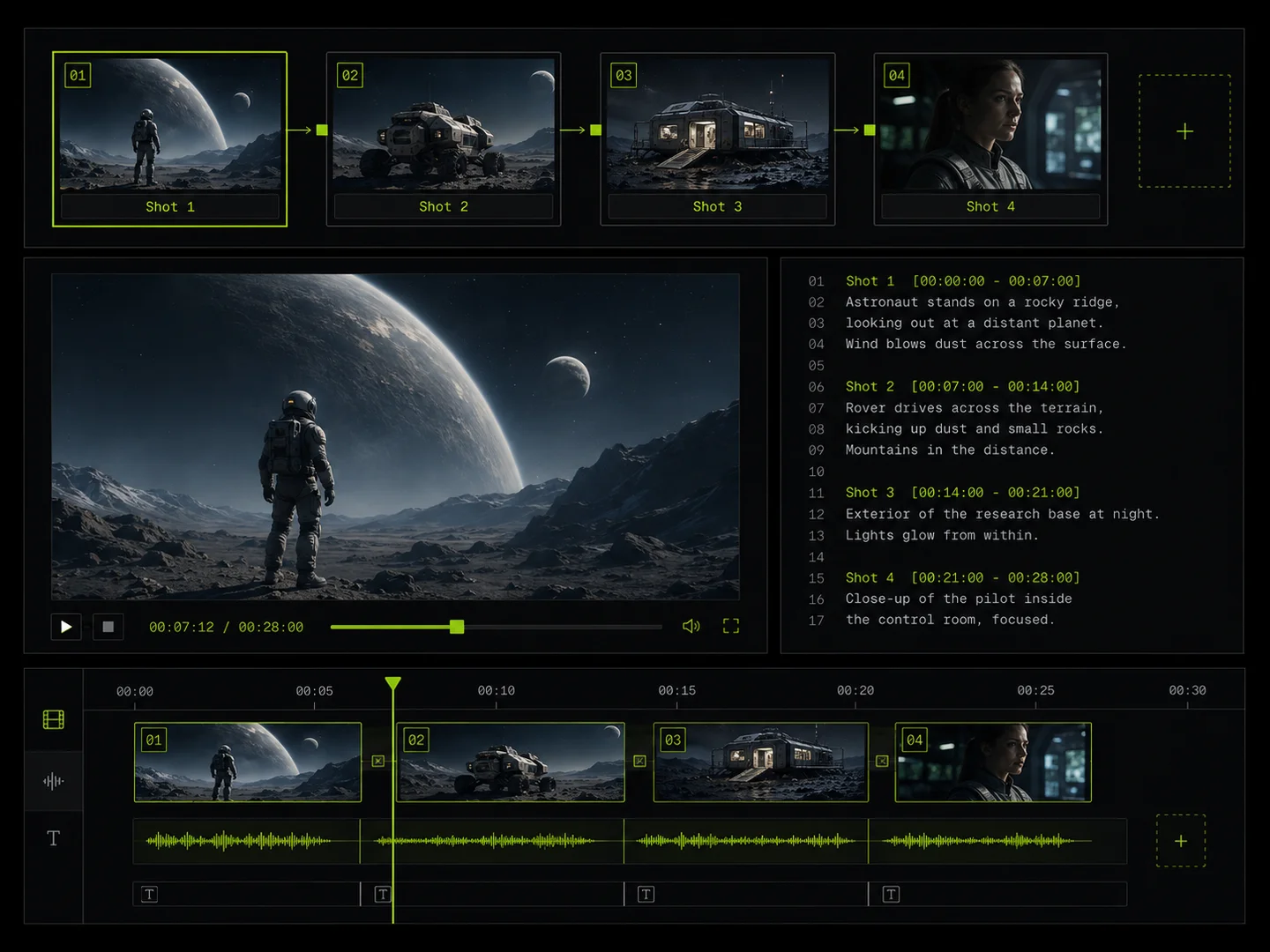 Dark sci-fi video editing interface showing four sequential storyboards, a main preview of an astronaut on an alien planet, shot text logs, and a video timeline.