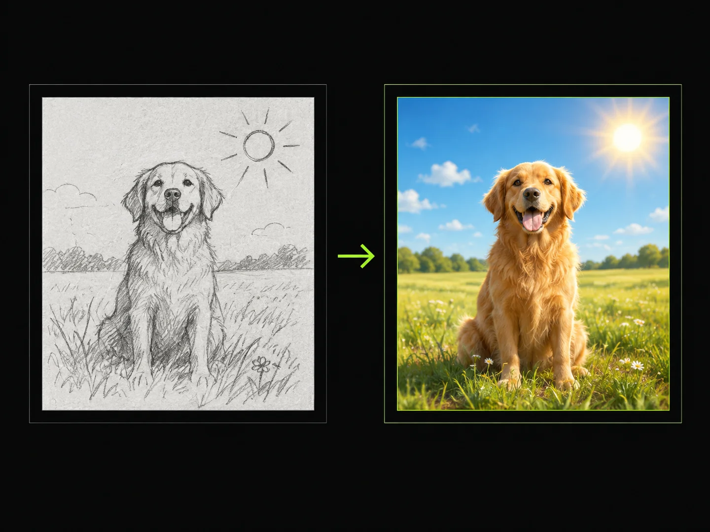 Pencil sketch of a golden retriever in a grassy field under a drawn sun transforming into a vibrant, photorealistic color photo of the same dog in sunlight.