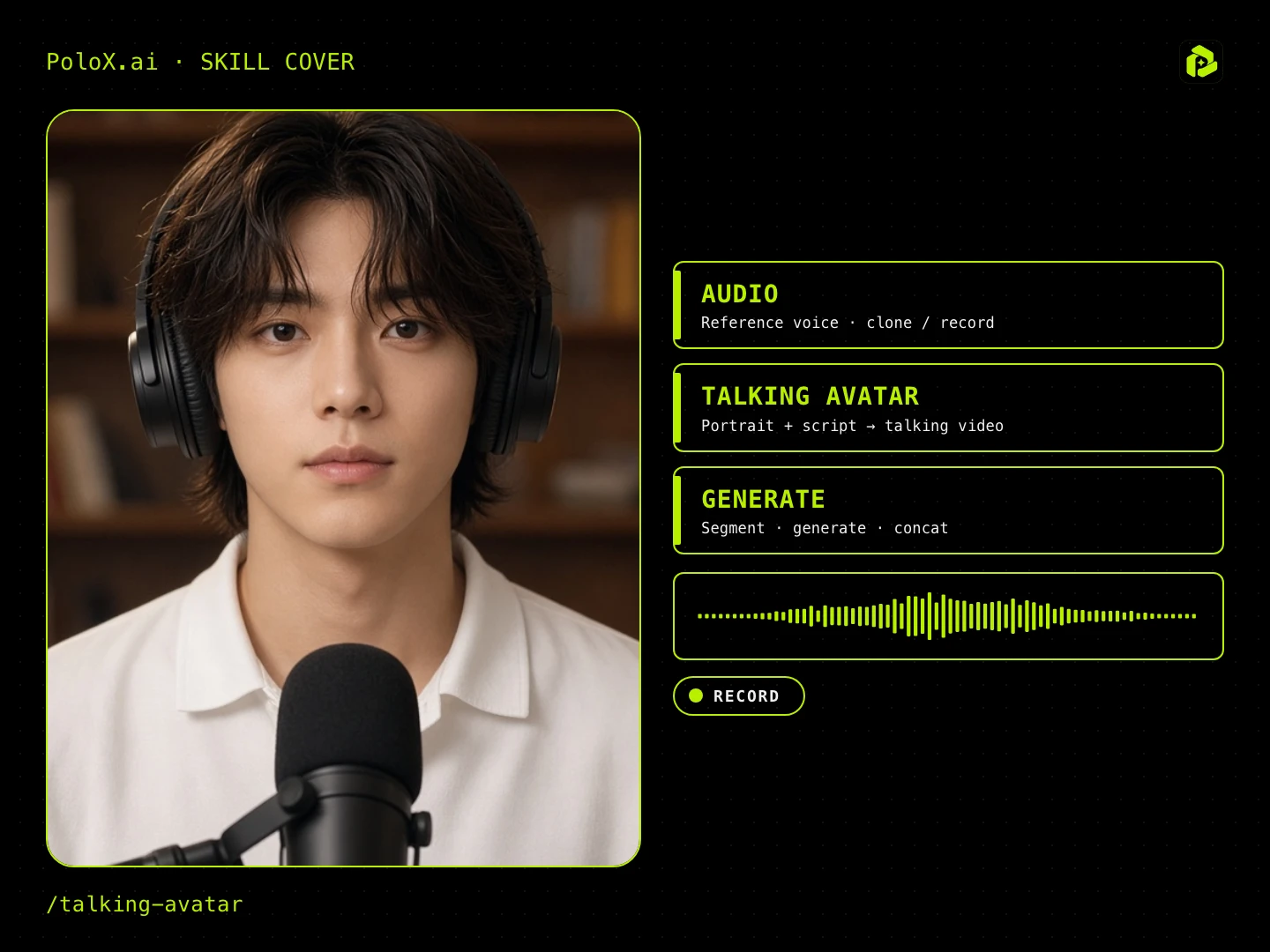 UI graphic showing an Asian young man wearing headphones behind a studio microphone, alongside neon green UI buttons for audio, talking avatar, and audio waveform.