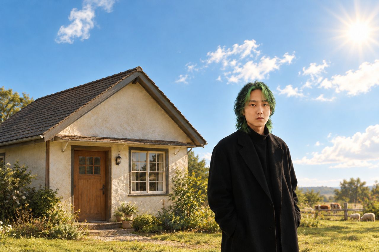 Same photo after annotate image editing—green hair, object removed from the wall, cows and sheep added to the field